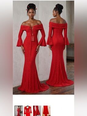 House of CB Red Off-Shoulder Lace Mermaid Gown with Bell Sleeves